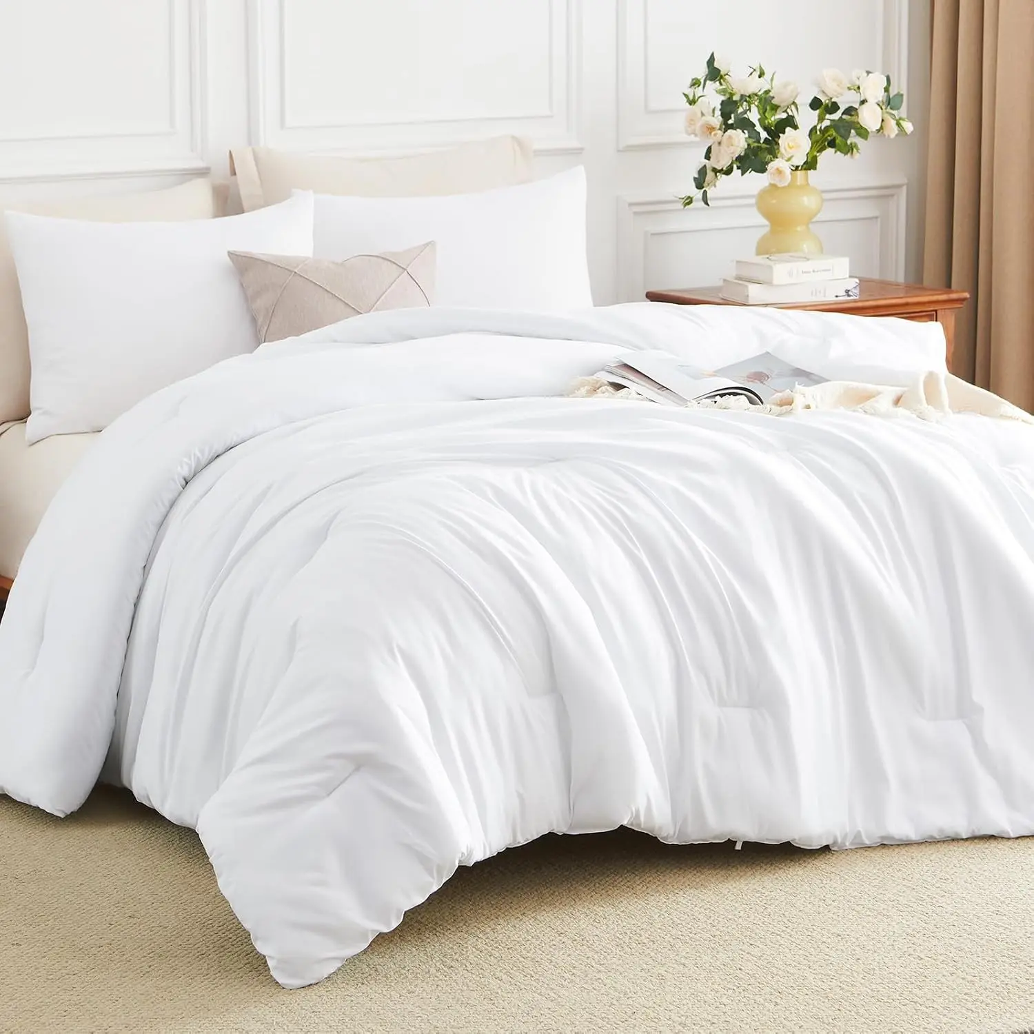 Queen Comforter Set 3 Piece, 270GSM Down Alternative Fill, Oeko-TEX Certified, Quilted with 8 Corner Ties, All Season Bedroom Decor Bedding, 1 Comforter (90"x90") with 2 Pillowcases, White