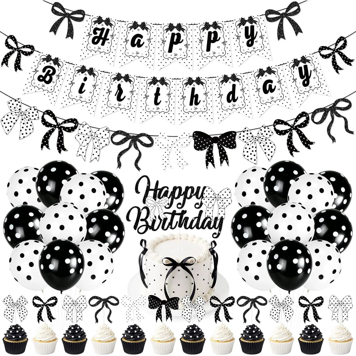 Cute Black & White Polka Dot Birthday Decoration Set - Bow Happy Birthday Banner, Latex Balloons, Cake Topper, Bows, Ideal for Baby Shower DIY Party Supplies (Toys & Hobbies, DIY Painting Supplies)