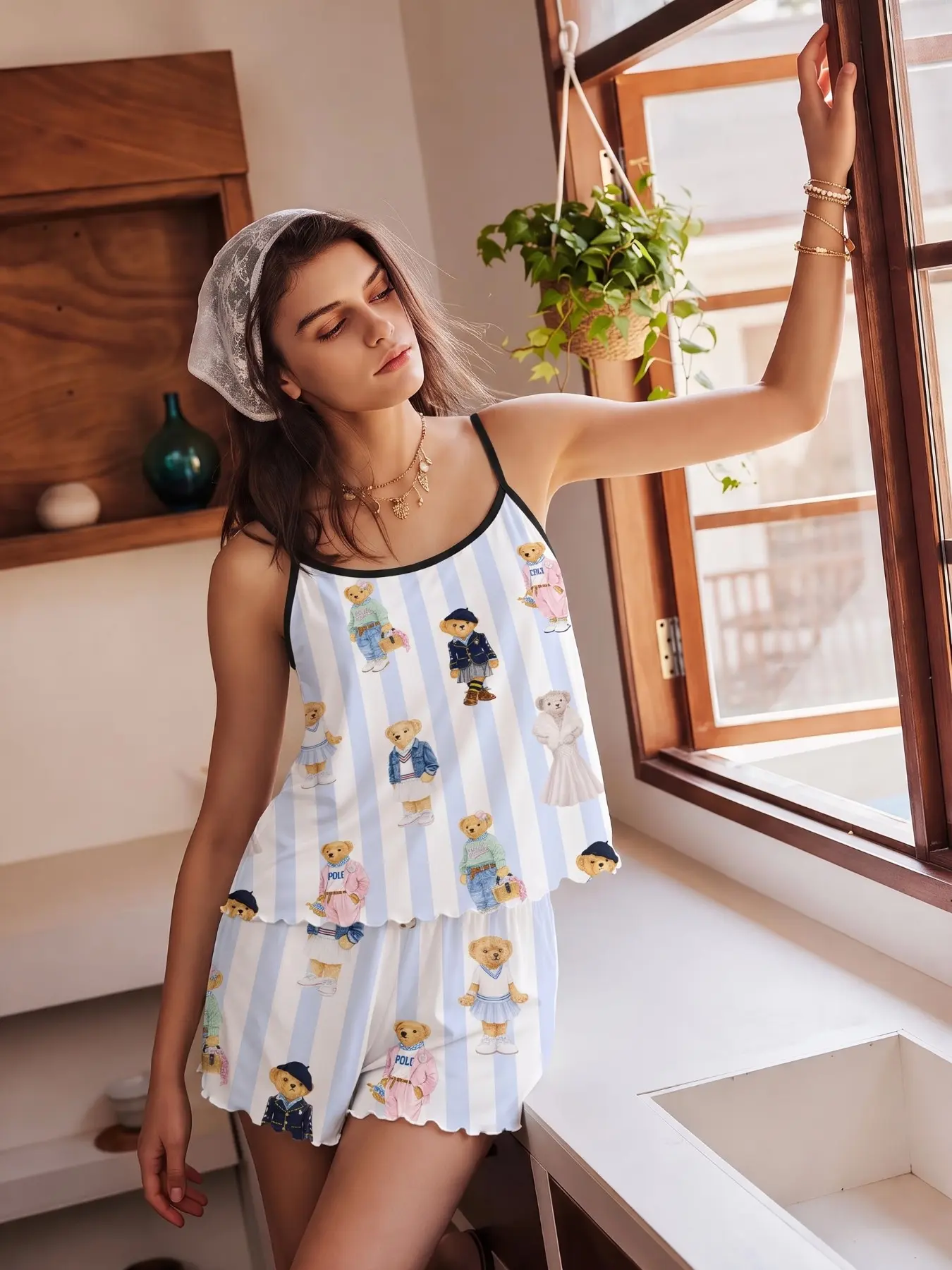 Women's Sleeveless Pajama Set, Lauren Polo Teddy Bear Print, Casual Comfortable Home Wear, Ideal for Daily Use and Relaxing Nights