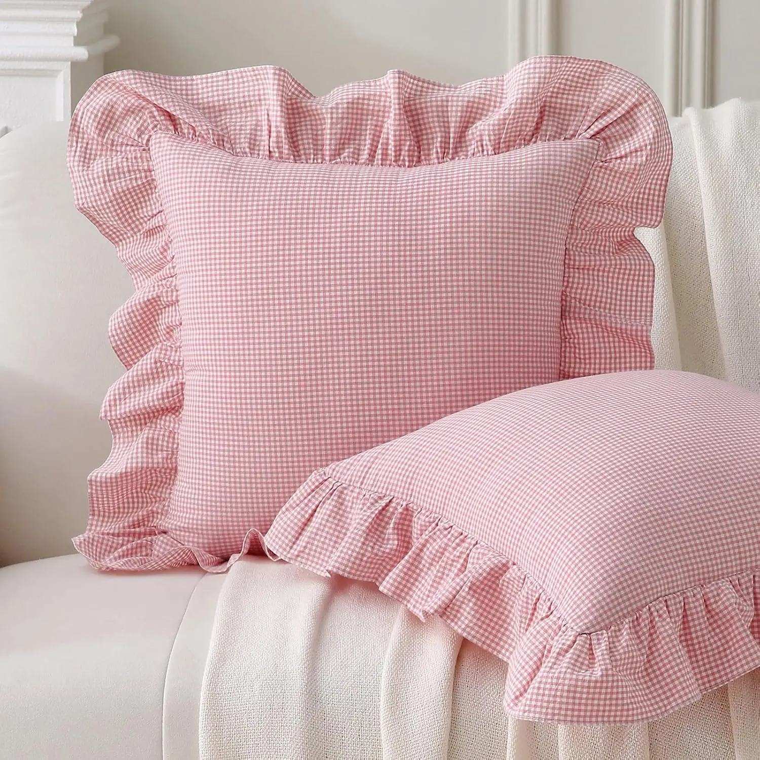 2-Pack Pink White Plaid Gingham Ruffle Pillow Shams, 100% Washed Cotton Machine-Washable Covers, 20x20in for Bed & Sofa, Farmhouse Country Charm DIY Decor Accents