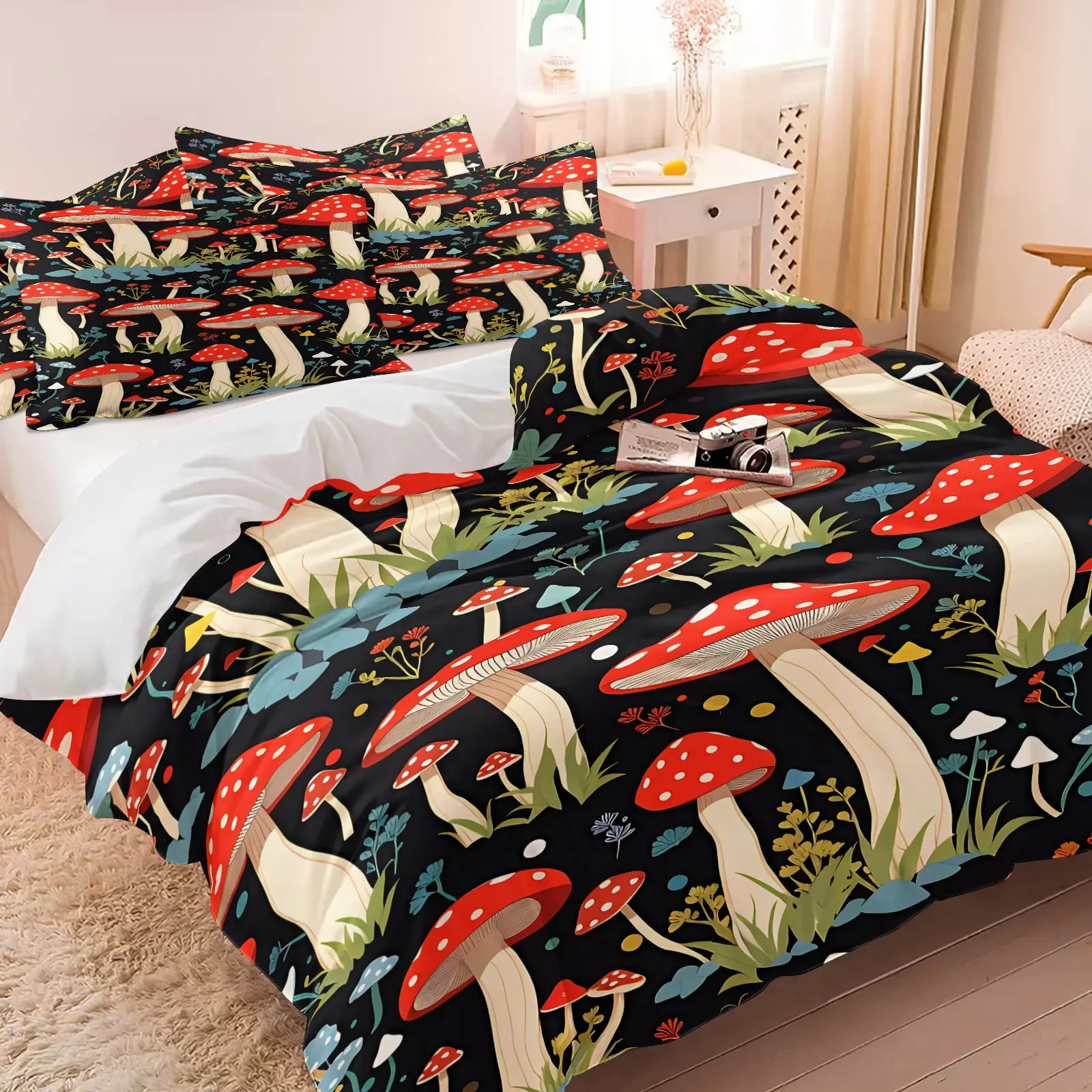 Red Mushroom Pattern Duvet Cover Set,Includes 1 Duvet Cover & 1-2 Pillowcases,Botanical Forest Print Bedding Set for Bedroom,Soft Breathable Bedding Set for Dorm & Guest Room Decor,Perfect Gift for Mushroom & Cottagecore Lovers