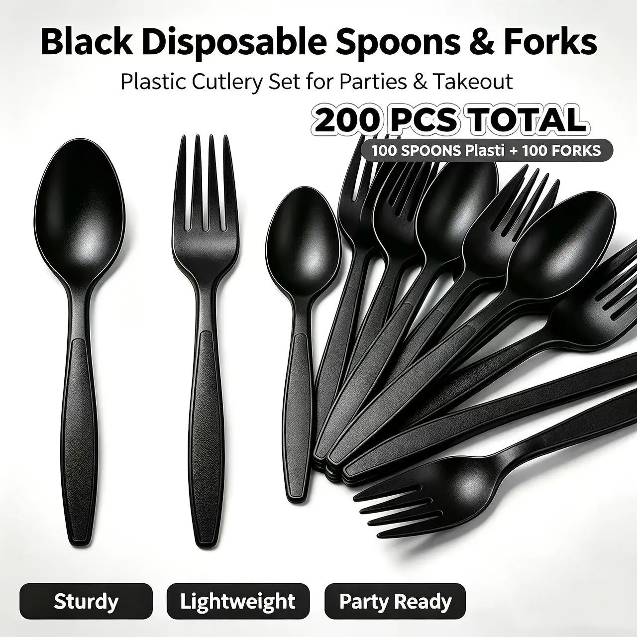 200pcs Heavy-Duty Transparent Plastic Tableware Cutlery Set, 100 Disposable Forks and 100 Spoons, Ideal for BBQ, Picnics, Takeout, Home, Office, Restaurant