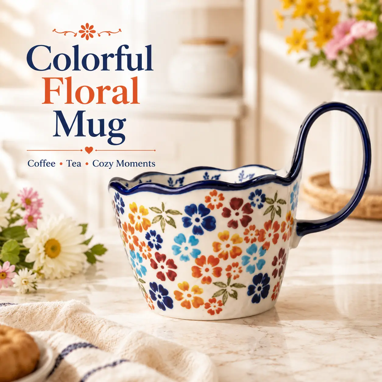 Colorful Floral Ceramic Mug with Large Handle, Hand Painted Coffee Cup, Cute Aesthetic Tea Mug for Women, Vintage Style Drinkware for Coffee, Tea, Latte, Cocoa, Cozy Kitchen Decor, Unique Gift for Mom, Friends & Tea Lovers