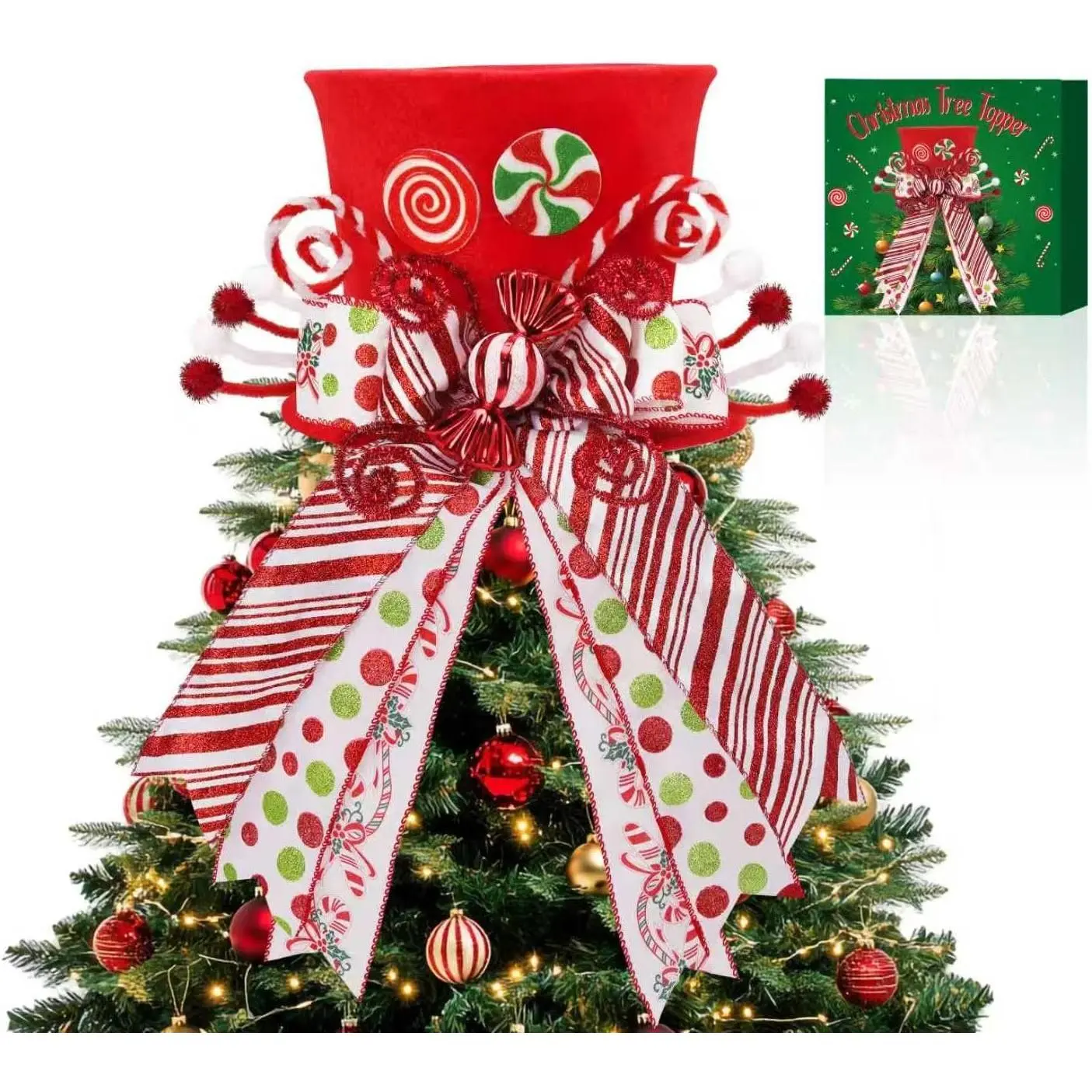Candy Cane Tree Topper,Christmas Tree Topper Peppermint Decorations | Top Hat Tree Topper, Red Hat with Peppermint Bows Ribbon Ornaments,Hat Christmas Tree Topper for Holiday Decorations
