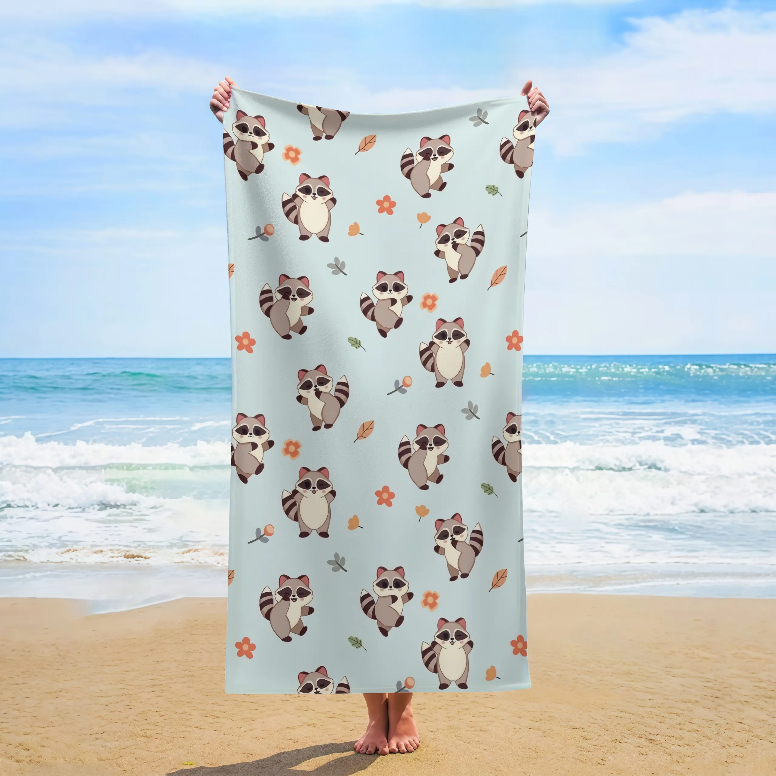 Raccoon Floral Beach Towel,Cartoon Little Raccoon Flower Leaf Print Quick Dry Swim Beach Towel,Soft Beach Towel Gift For Kids Girls Summer Vacation Pool Travel