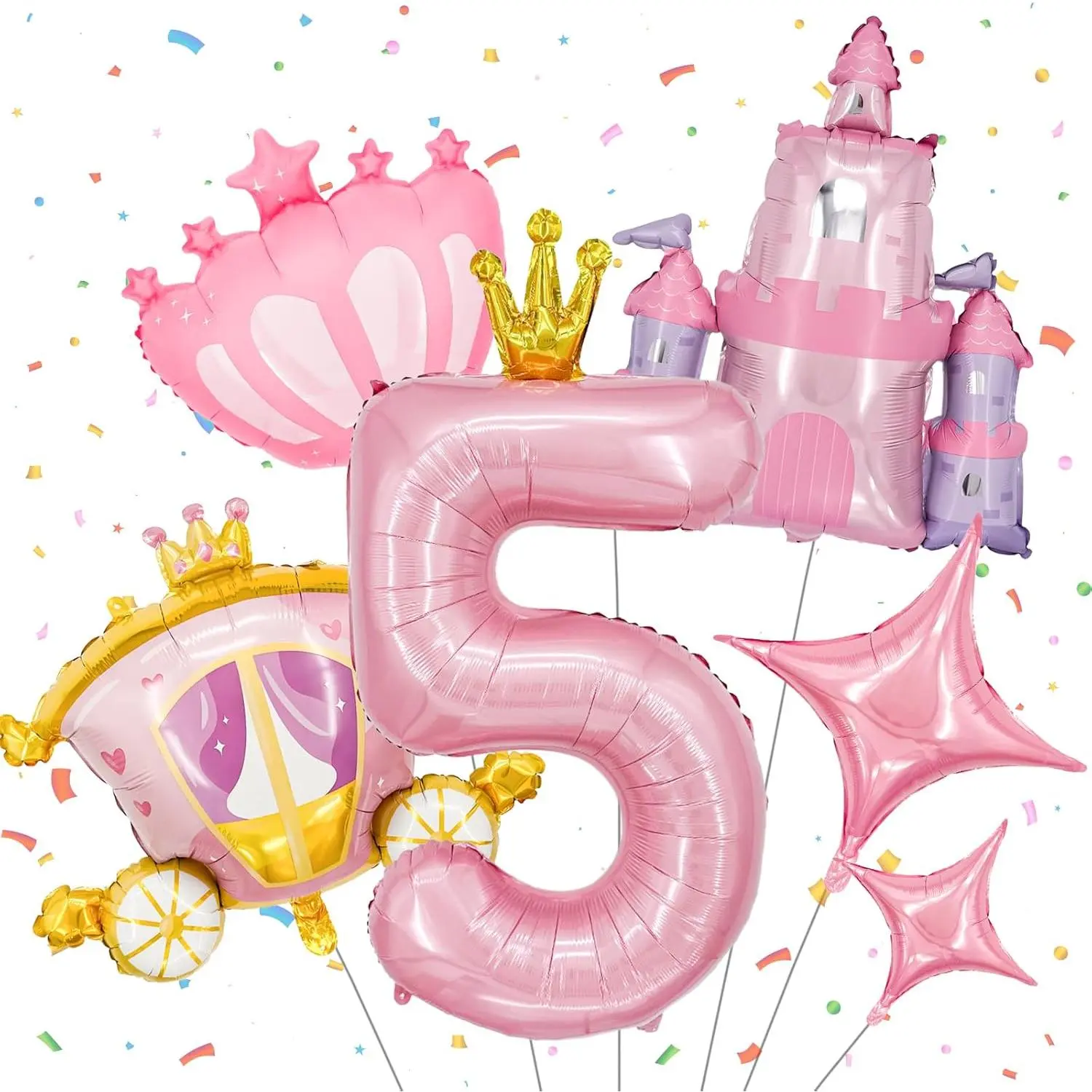 6- Princess Theme Party Decoration Set: Princess Carriage +  Castle + 40-inch Numbers + Crown Heart +  Foil Balloons. Birthday Party Girl Decorations. (Number 5)
