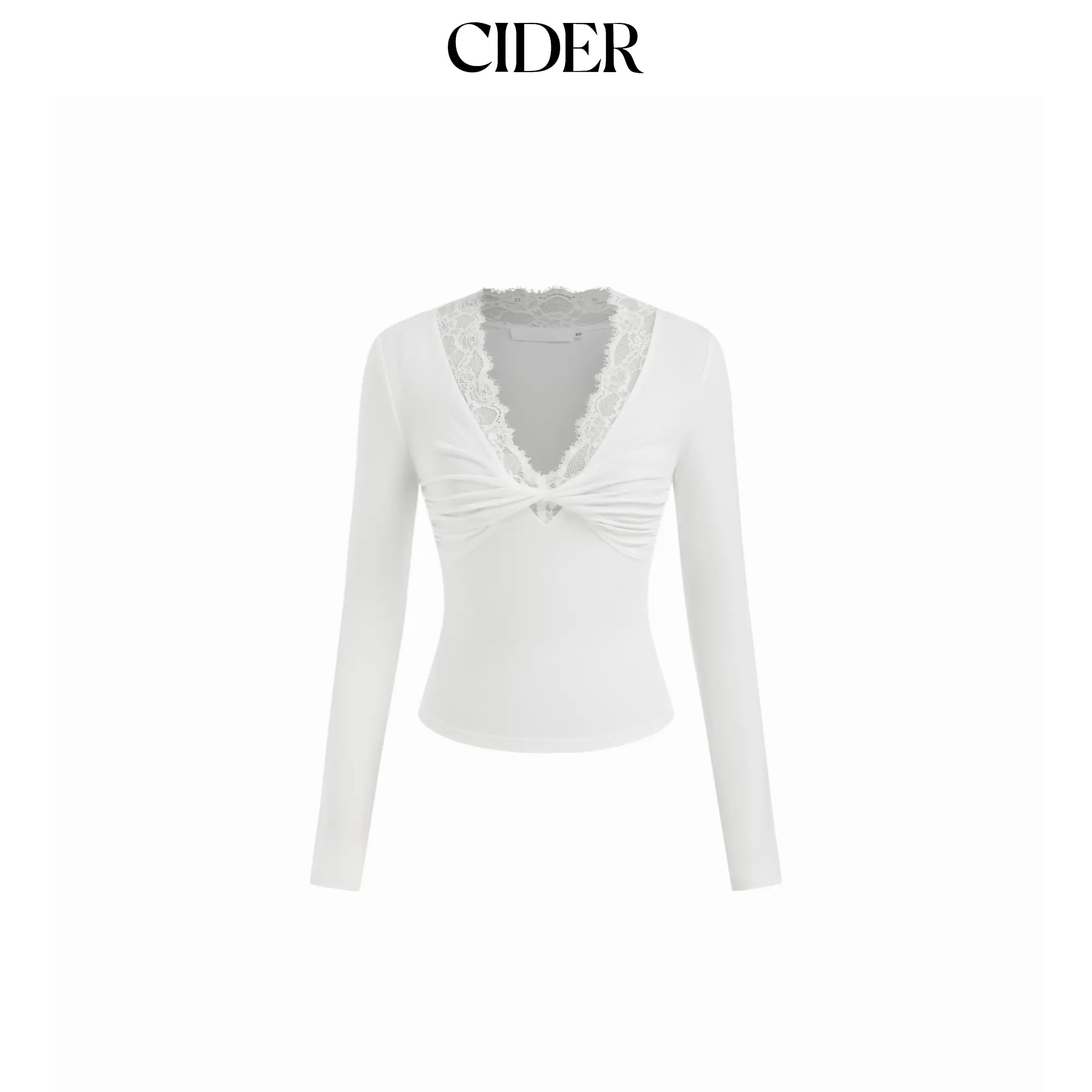 Cider Jersey V-neck Lace Trim Twist Long Sleeve Top SummerFinds