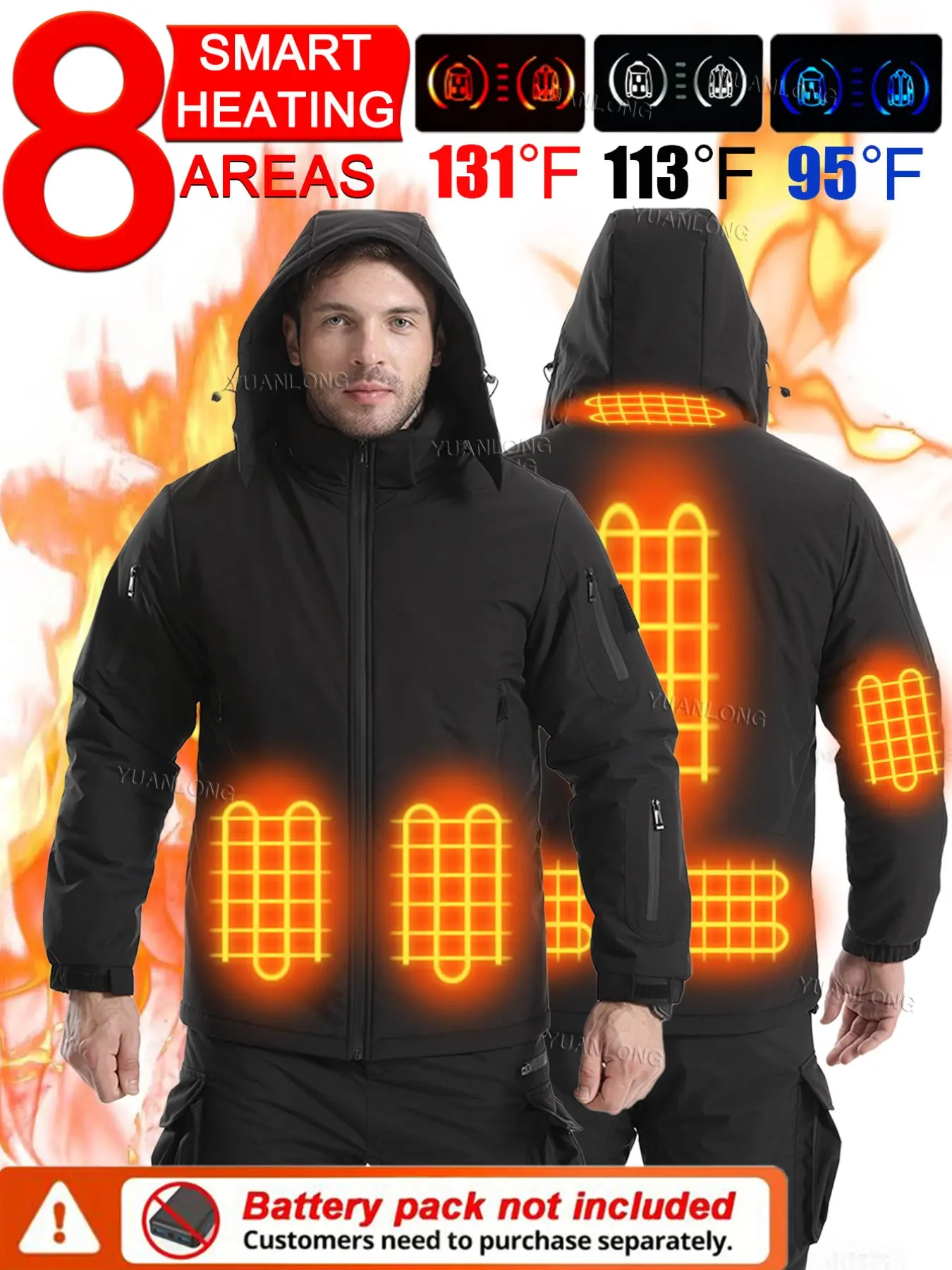 Men's Heated Jacket: USB-Powered Constant-Temperature Electric Heated Jacket, Ski Jacket, and Softshell Jacket with 3 Heat Settings and 8 Heating Zones, Ideal for Winter Outdoor Activities Such as Skiing, Rock Climbing, and Hiking (Battery Not Included)