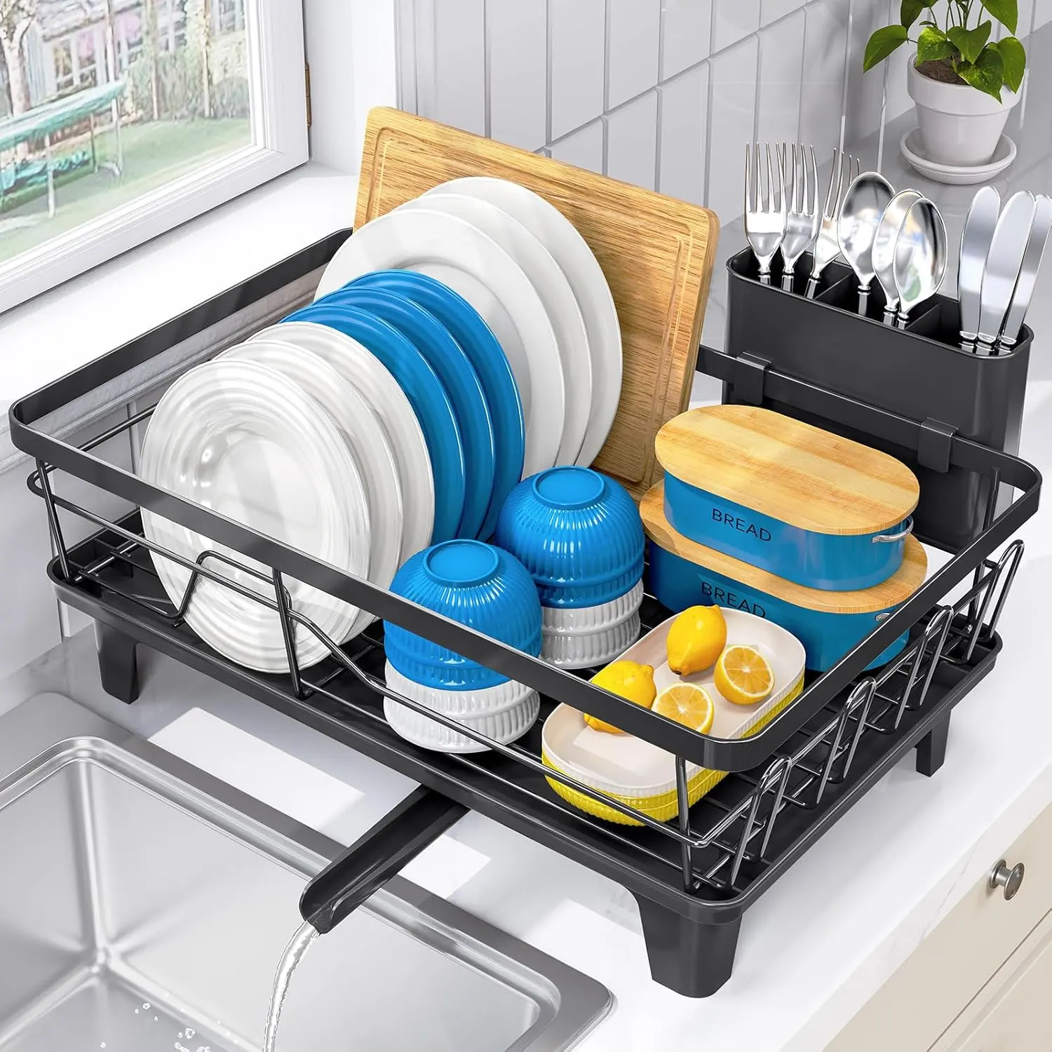 Dish Drying Rack Kitchen Counter, Sink Dish Rack with Drainboard 12.2" W x 16.5" L, Large Dish Drainer with Cutlery Holder, Home Countertop Plate Dryer Storage Rack, Black