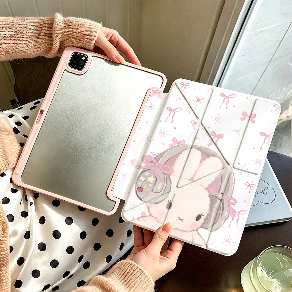 Yshaped Pink Rabbit With Headset Tablet Protective Case， Soft Aesthetic Bows Style， Compatible With Apple ipad 10th generation/IPAD Pro 13 2024/pro 12.9 2022/pro 11 2022/IPAD Air1/2/3/4/5/6th， With Pencil holder， Lovely Choice For Birthday Gift