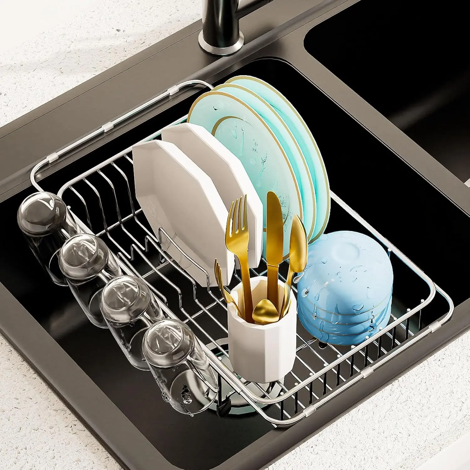 Stainless Steel Expandable In-Sink Dish Drying Rack Organiser, Adjustable Kitchen Utility Rack with 4 Cup Holder Slots for In-Sink Drying, Rust-Free
