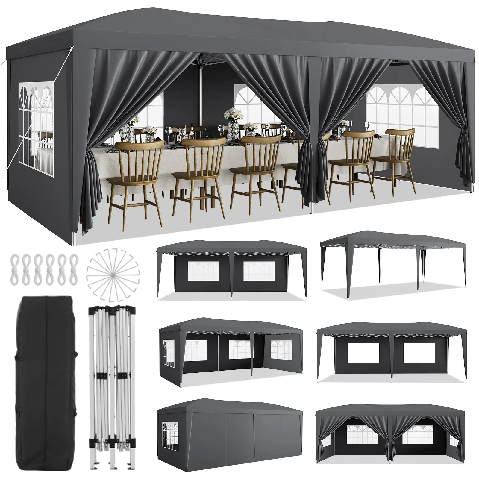 10x20 Pop Up Canopy Tent with 6 Removable Sidewalls, Easy Up Commercial Party Tent, 3 Adjustable Heights, Large Outdoor 10x20 Canopy with 3 Adjustable Heights, Stakes X18, Ropes X6