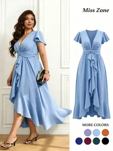 Women's Plus Size Wrap V-Neck Flutter Sleeve Dress Asymmetrical Ruffle High Low Hem Flowy Elegant Cocktail Party Wedding Guest Trendy
