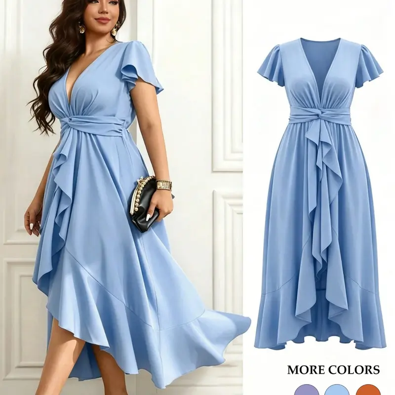 Women's Plus Size Trendy Wrap V-Neck Flutter-Sleeve Dress, Asymmetrical Ruffle High-Low Hem Flowy Gown for Cocktail and Wedding Guest