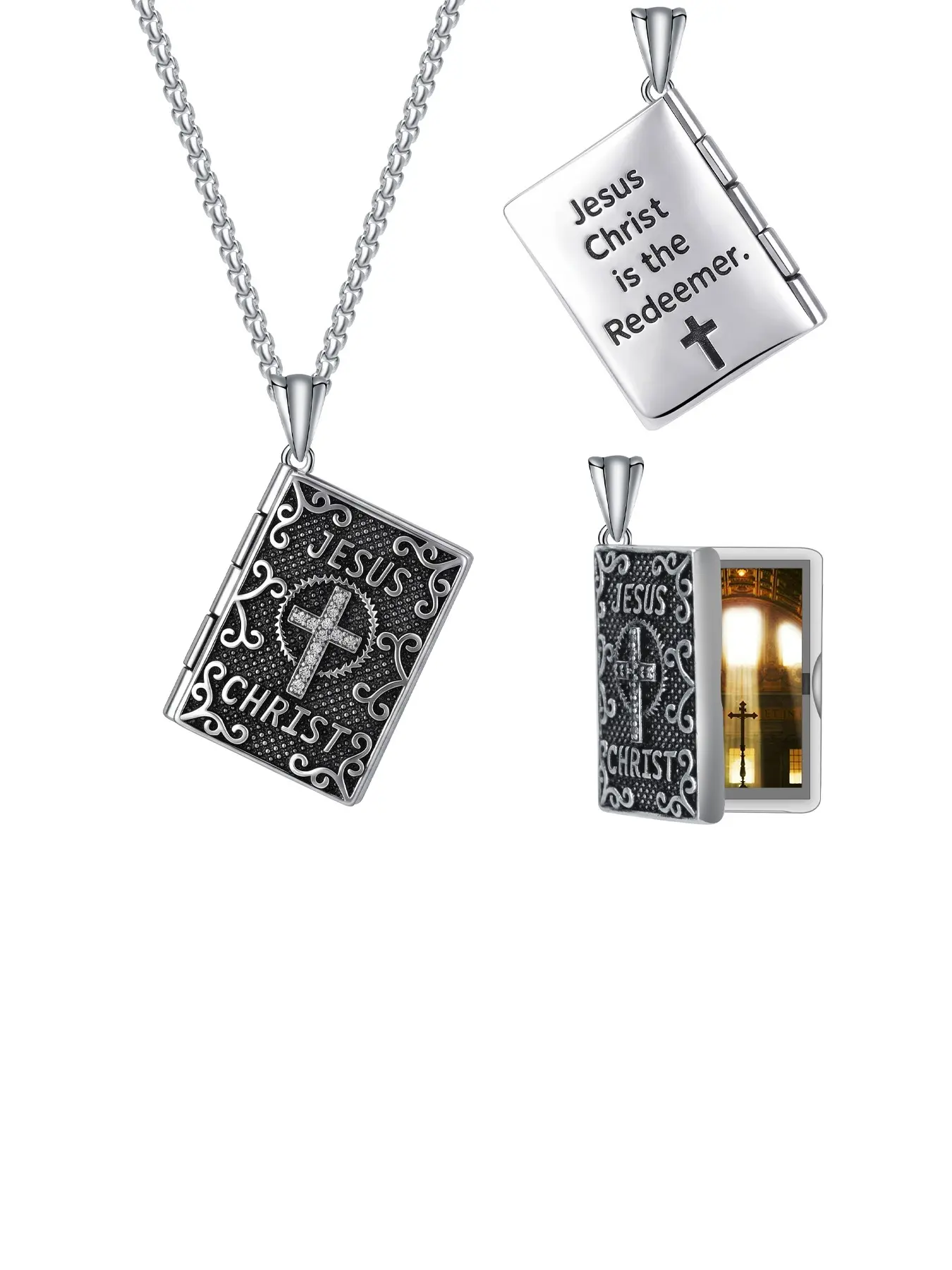 Vintage Bible Book Photo Pendant Necklace, Engraved Jesus Cross, Unisex Christian Jewelry Gift, Elegant Ethnic Pattern, All Seasons