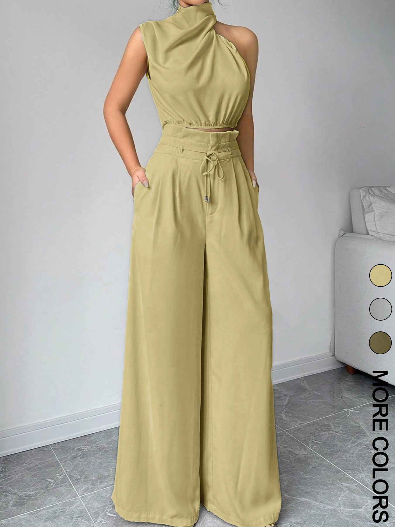 Women's Solid Color Sleeveless Crop Tank Top & Wide Leg Pants Two-piece Set Outfit, Elegant Fashion Casual Top & Trousers for Daily Outdoor Wear, Women's Clothing for Summer, Womenswear