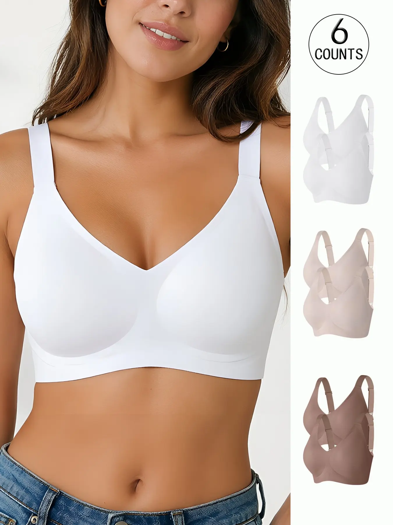6 Pack/5 colors Plus size seamless jelly bra for women, 4 rows 4 hooks push-up lifting adjustable sports tank top, daily casual/party/, comfortable breathable skin-friendly wireless bra for women