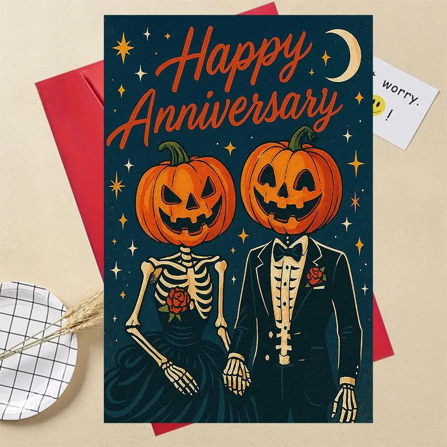 Lustige Geschenke Spooky Pumpkin Skeleton Anniversary Card, Halloween Love Gift, Romantic Greeting for Couples, Wife Husband Partner