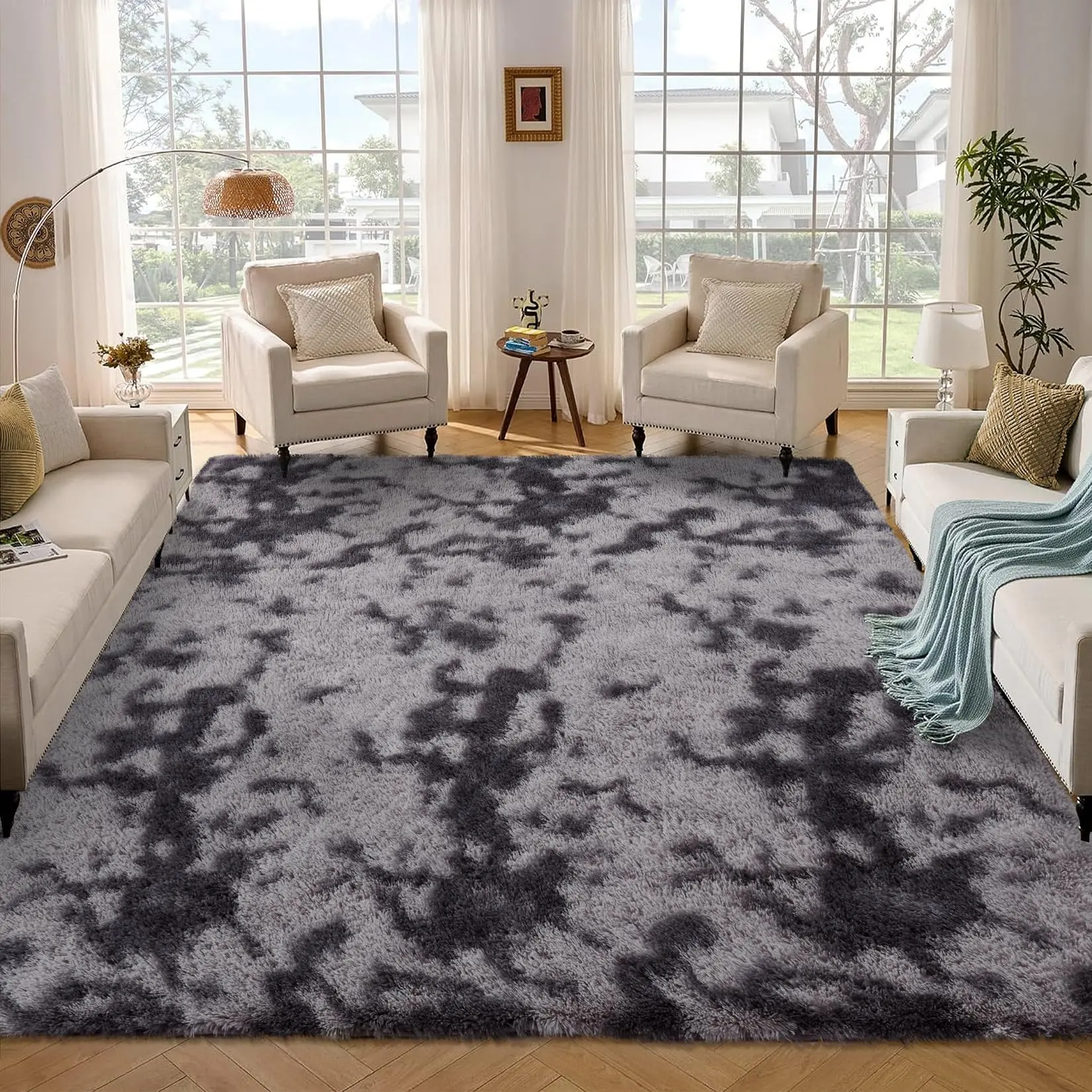 9x12 Shag Area Rug, Tie Dye Dark Gray Plush Carpet with 7mm Cushion Foam and Non Slip Dotted Backing for Living Room Bedroom