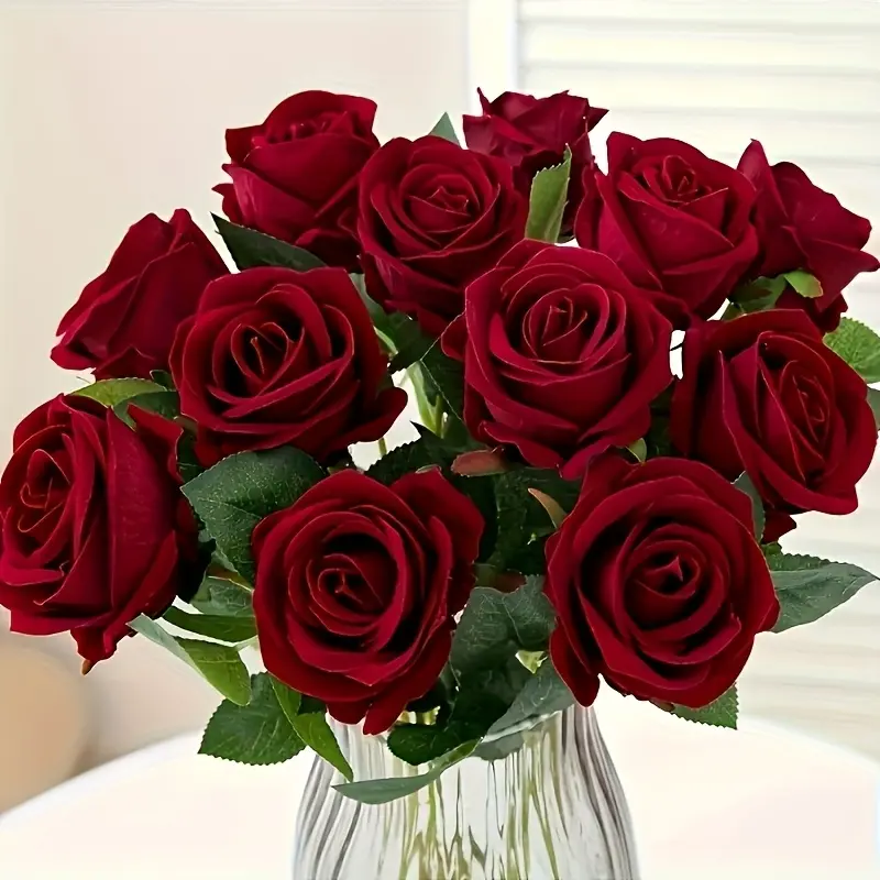 11 Burgundy Artificial Roses with Stems - Perfect for Valentine's Day, Mother's Day, Christmas, Birthdays, Weddings, Home and Office Decor, Flower Decorations, Realistic Plastic Flowers That Require No Maintenance