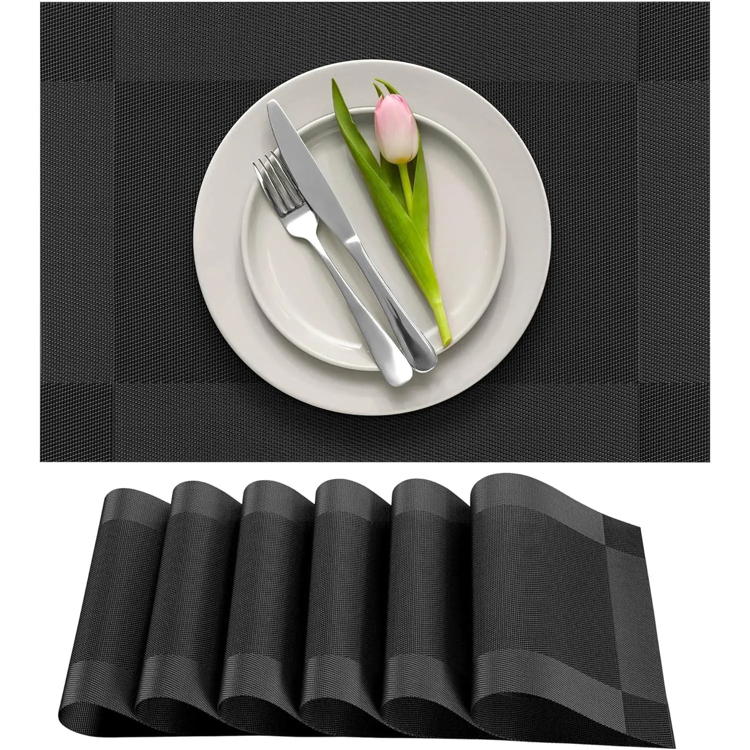 6-Piece Black Rectangular PVC Vinyl Indoor Recreation Placemats - Washable, Heat-Resistant, Anti-Slip Mats for Dining Room & Kitchen, Set Of 6