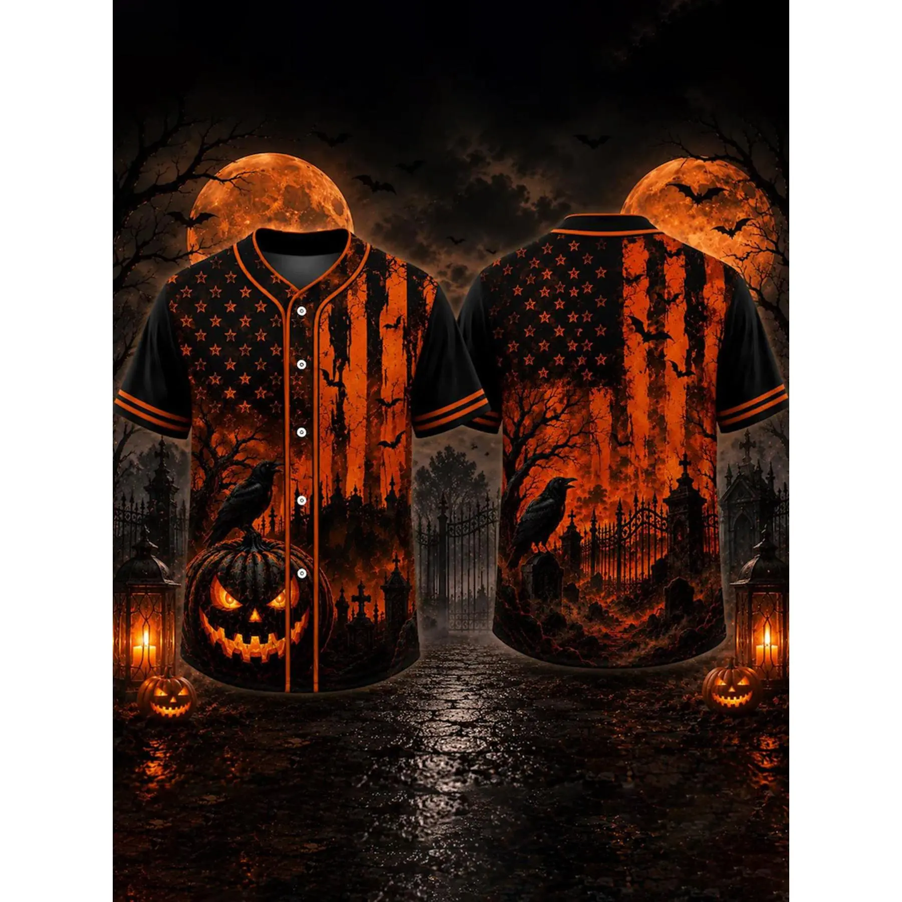 Men'S Fashion Halloween Spooky Style Horror Graveyard Crow Jack O Lantern Bat Stars Striped Pattern Button-Up Baseball Shirt Fall Trendy Casual Wear Adult Men Holiday Gift Party Outfit