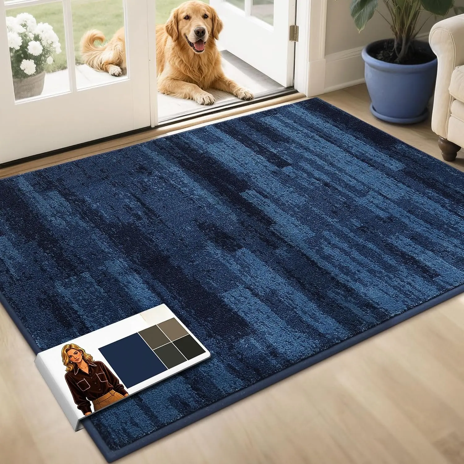 Dirt Trapper Door Mat 32"x48", Non-Slip Doormats Washable Entryway Mat, Welcome Floor Mat Absorbent Low Profile  Door Mats for Front  Door, Wet Shoes & Paws, Blue