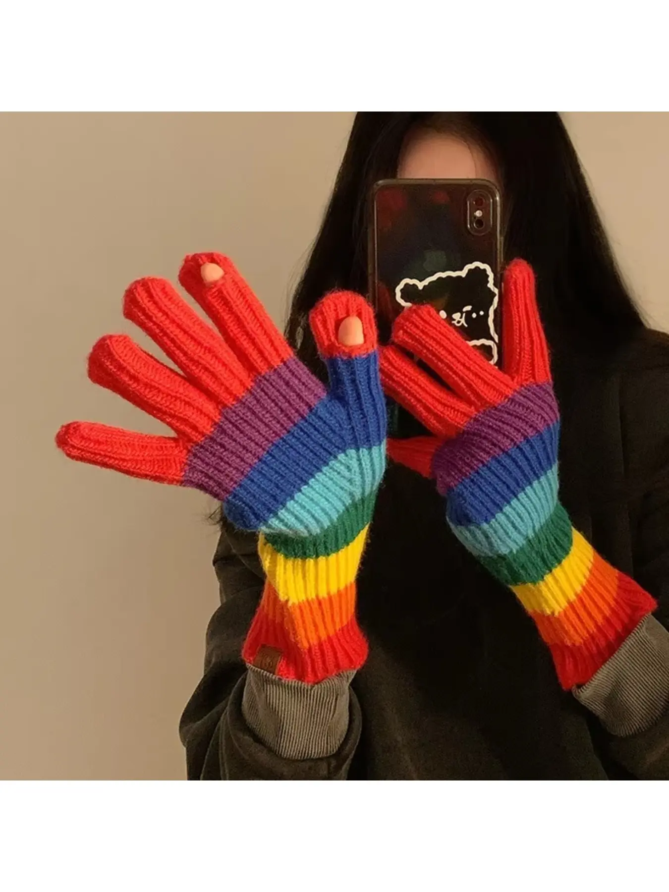 Thickened rainbow striped knit gloves for autumn and winter, colorful touchscreen gloves with exposed fingers for couples, cycling and warmth.