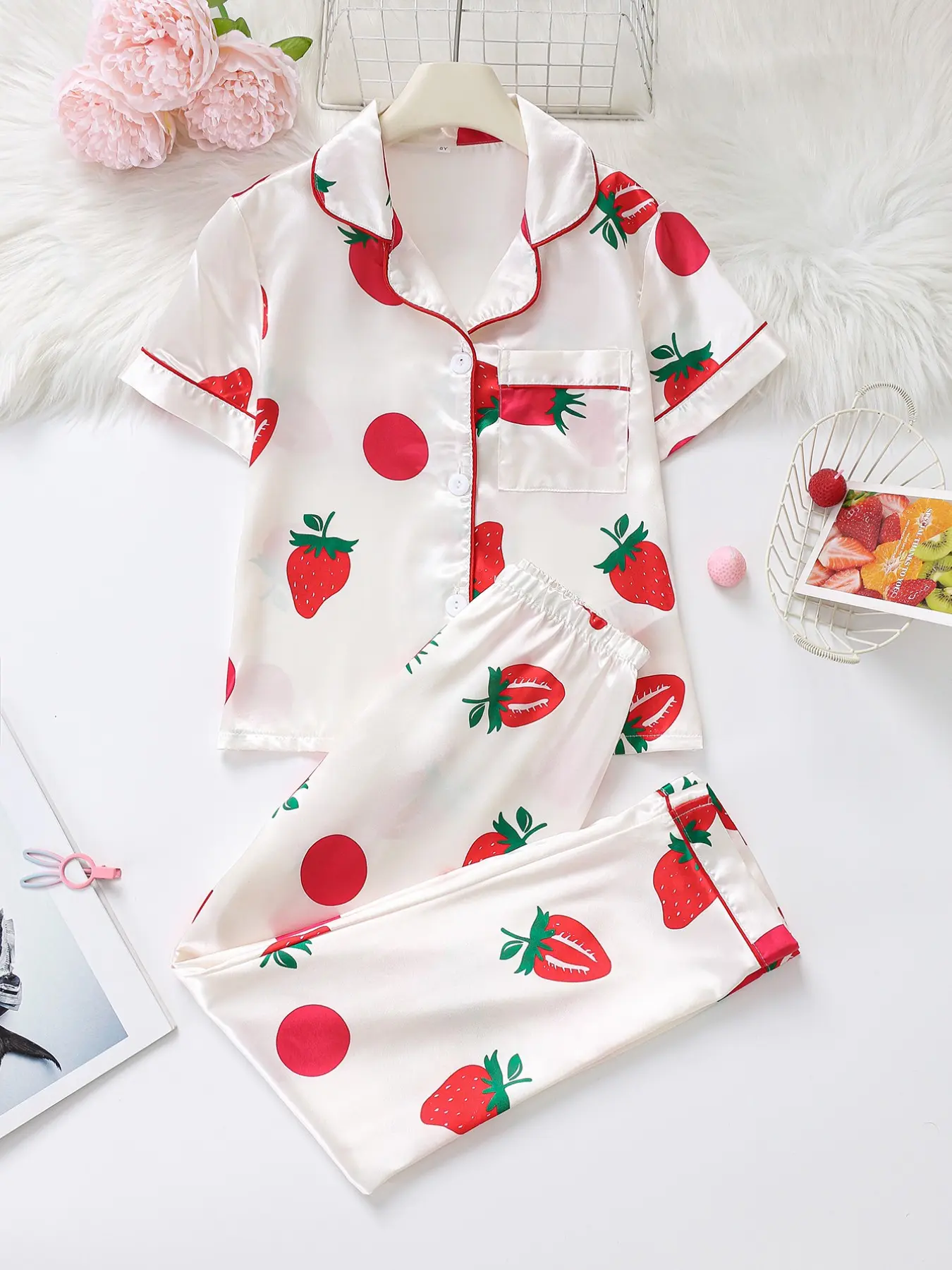 Girls' 2-Piece Pajama Set, Strawberry Print, Fruit Print Pajamas, Button Front Short Sleeve Top + Comfortable Long Pants, All-Season Sweet Homewear, Satin Fabric