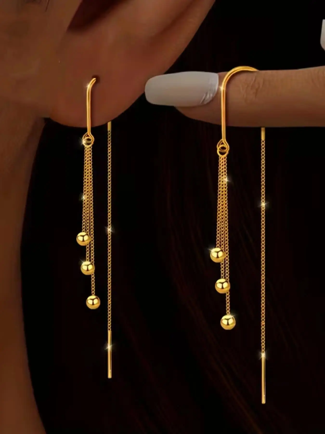 1 Pair Threader Earrings for Women, Gold-Tone Long Chain Dangle Earrings, Tassel Drop Earrings with Beads, Minimalist Lightweight Earrings, Dangly Earrings, Birthday Gift for Her