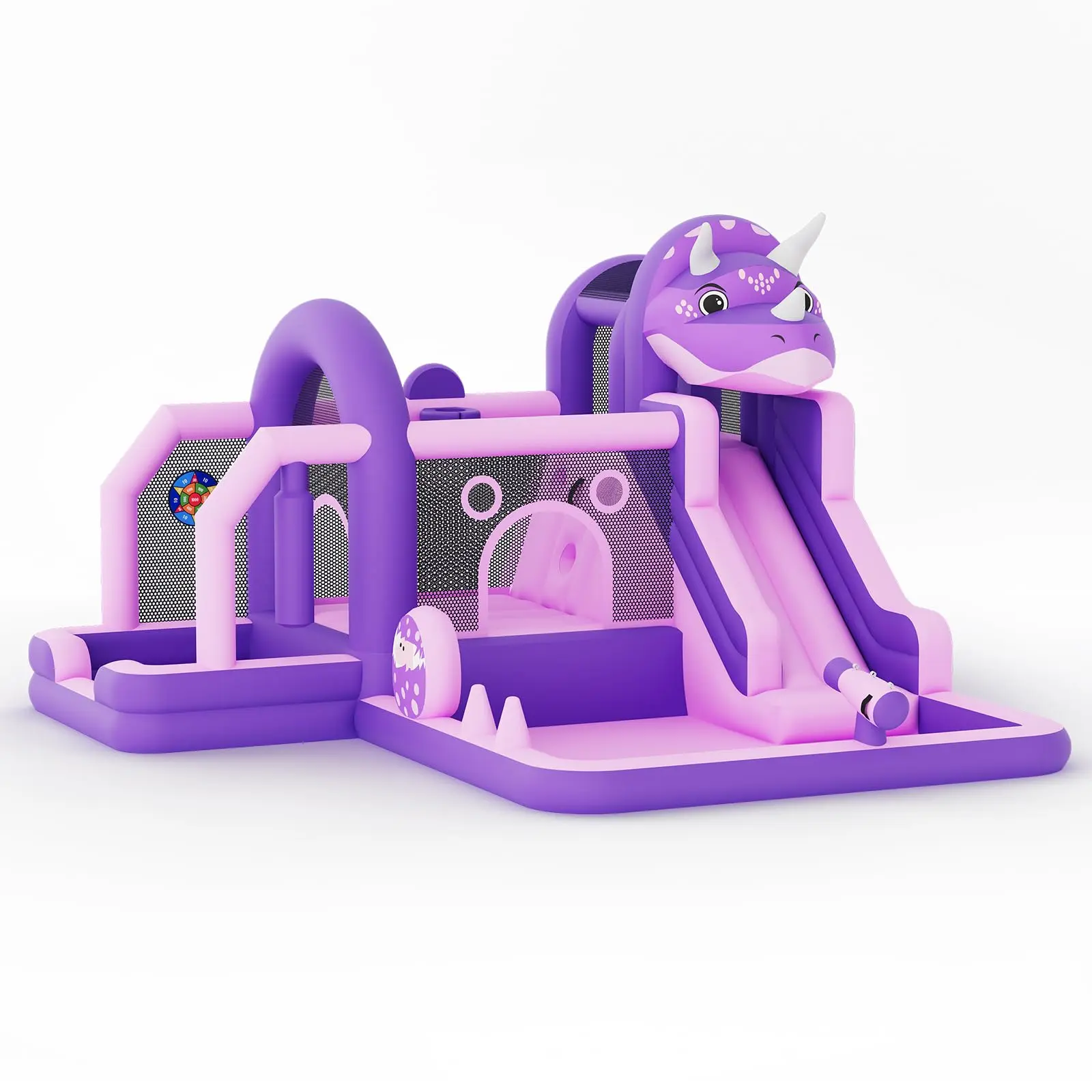 Dinosaur Inflatable Bounce House with Slide Climbing Wall & Ball Pit, 840D+420D Oxford Cloth Bouncy Castle, Water Play Function, Mesh Safety Walls, Air Blower & Carry Bag for Kids Ages 3-10