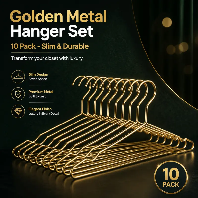 Golden Metal Hanger Set, 10 Pack Slim & Durable Clothes Hangers, Space-Saving Design, Premium Metal with Elegant Gold Finish, Non-Slip Notches, Ideal for Closet Organization and Display