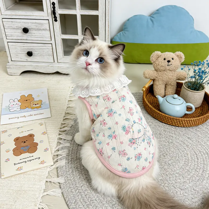 Rhinestone Bow Floral Pet Shirt with Lace Lapel, Breathable Spring Summer Puppy Kitten Clothes for Dogs and Cats