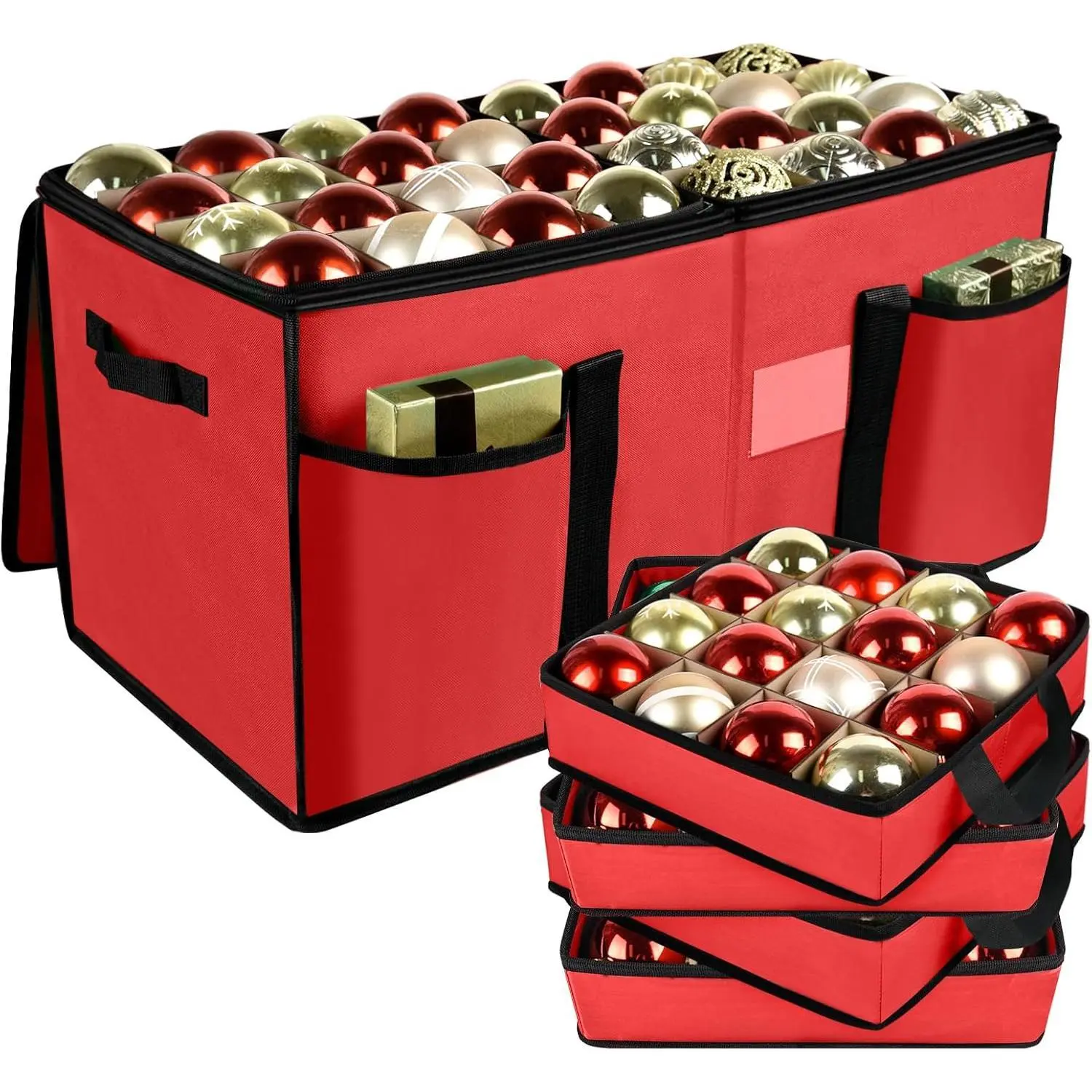 Christmas Ornament Storage Box Organiser with Dividers, Holds 128 Balls, Red 600D Oxford Fabric, Adjustable Dividers, Removable Trays, Dual Zippers, Reinforced Handles