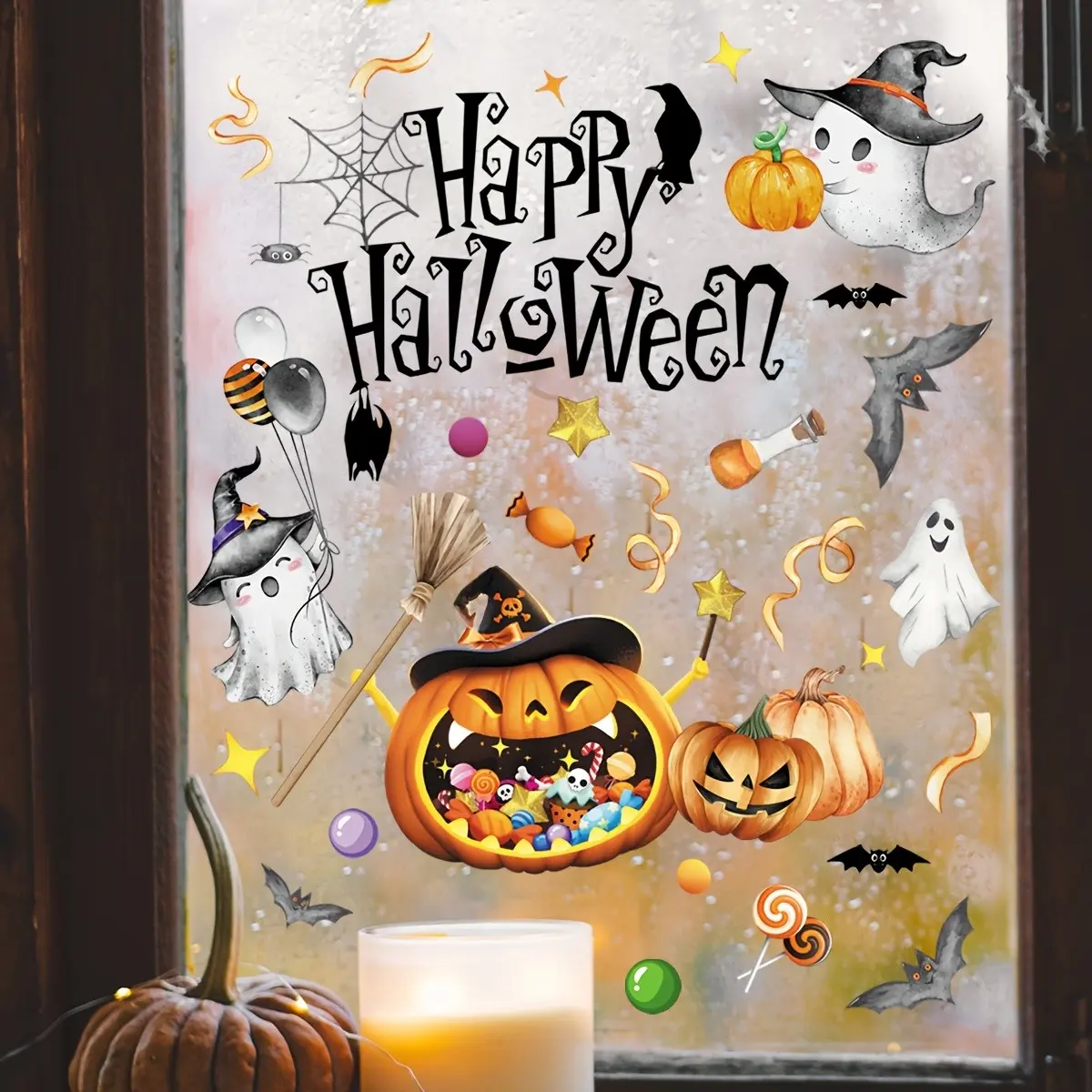 2pcs Halloween Pumpkin and Ghost Static Window Stickers, PVC Decals with Witch and Bat, Modern Home Decor, Halloween Gift