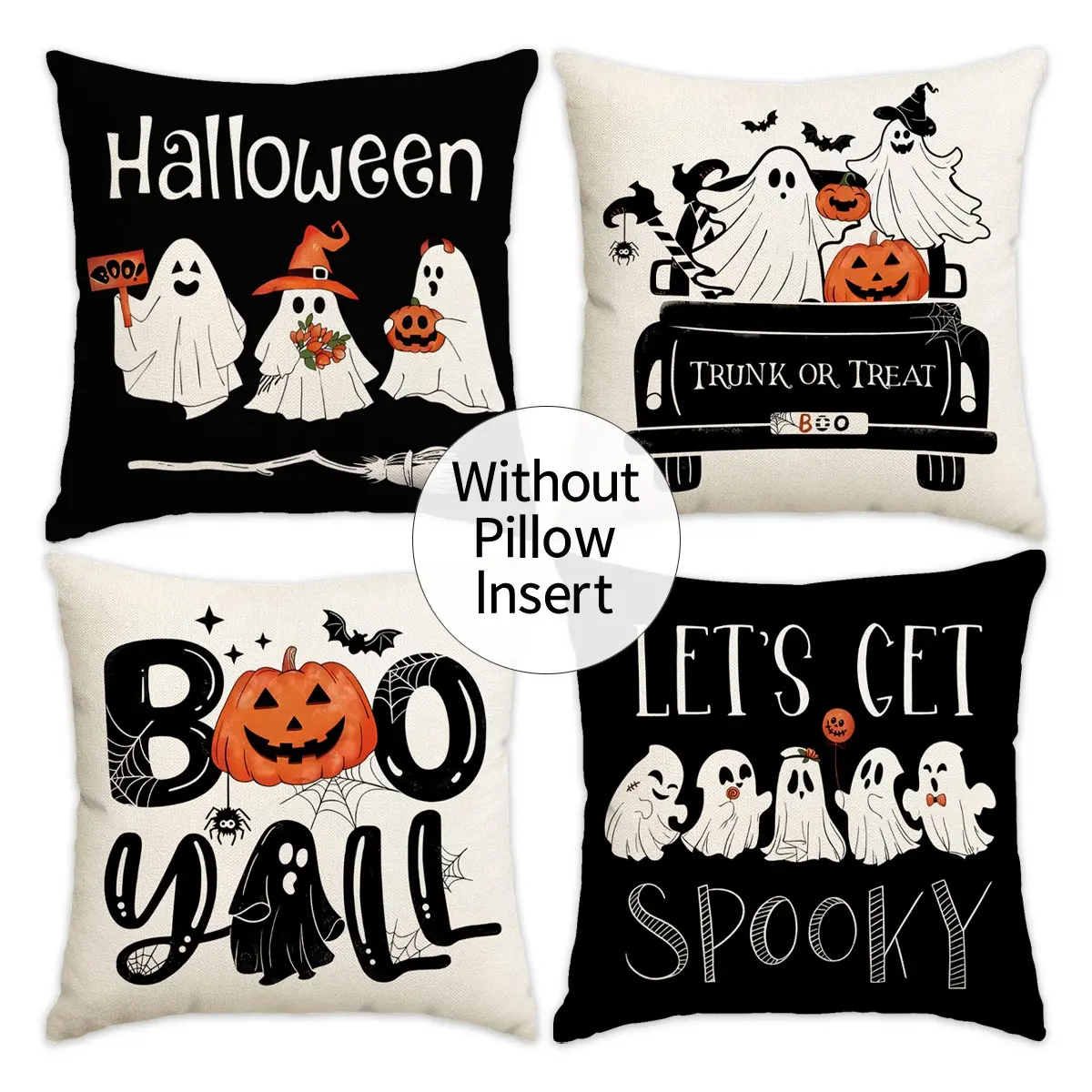 4pcs Halloween Pillow Set, Ghost, Pumpkin Head, Witch, Bat Printed Sofa Cushion Set, Happy Halloween Trunk or Treat Party Decoration Pillow Set, Suitable for Bedroom, Living Room, Sofa, Farmhouse, Bed, Car Decoration Pillow Set (No Pillow Core)