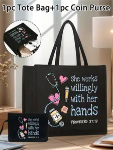 Black Linen Canvas Tote Bag Set, this nurse-themed canvas tote bag features patterns of hearts, medicine bottles, stethoscopes, and medical supplies, making it the perfect gift for nurses