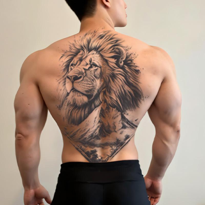 3pcs Large Men'S Tattoo Stickers Tiger, Lion, Wolf Realistic Design, Waterproof And Non-Glossy, For Back - Perfect For Parties, Daily Wear, Unique Gift Idea For Men.