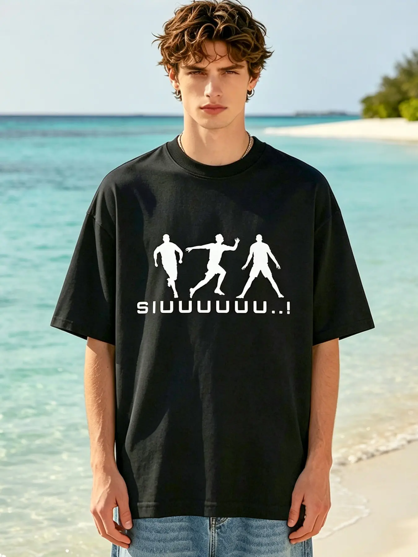 "SIUUU" Silhouette Print T-Shirt (No. 7 Star Player Edition) – Fan Support & Merchandise Tee; Casual Crew-Neck Top; Minimalist Black & White Oversized Style (Suitable for Couples)