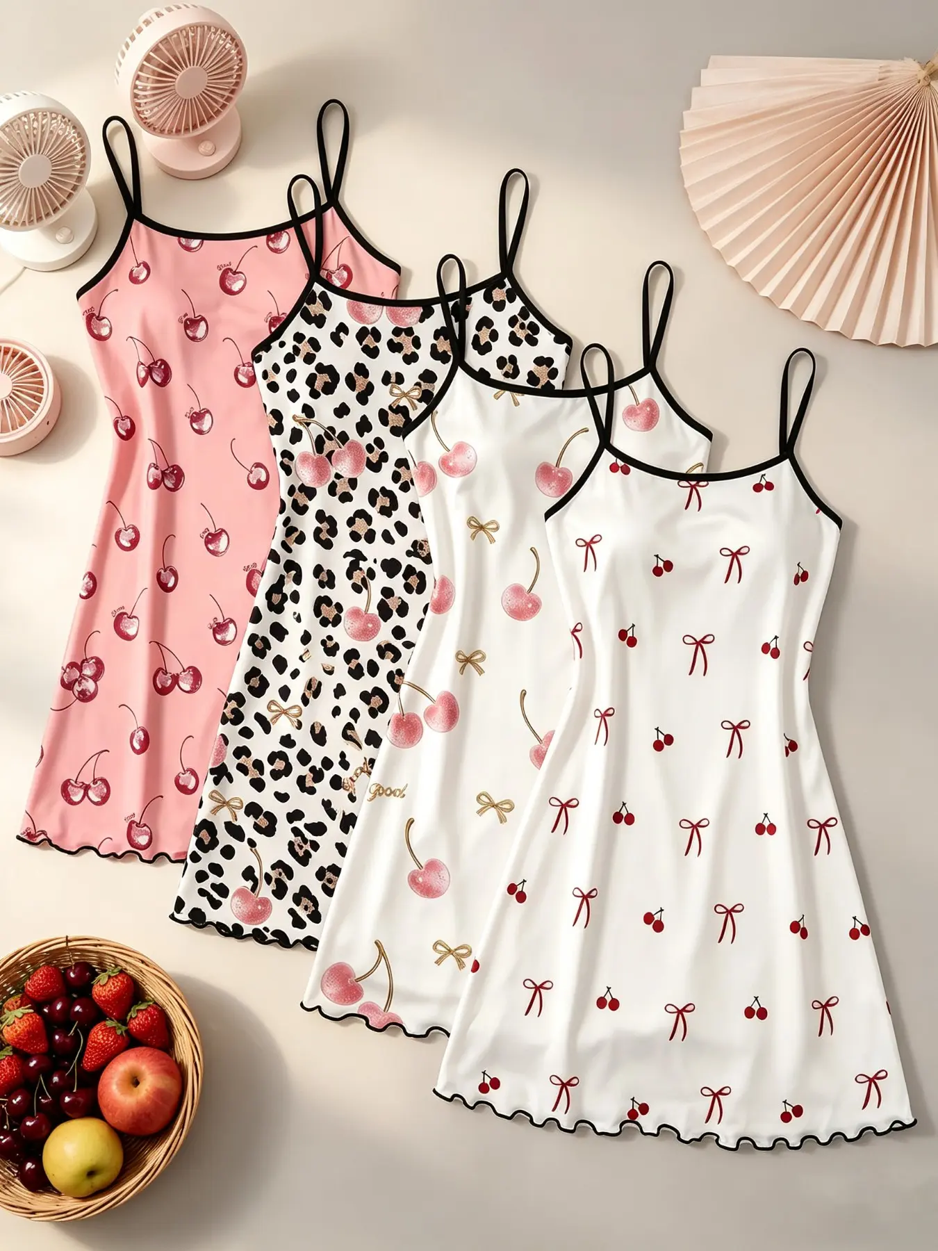4 Pack Ins Aesthetic Women's Sleep Dresses Cherry Leopard Bow Print Spaghetti Strap Lettuce Hem Contrast Trim Soft Cozy Casual Nightgown Loungewear Nightwear for Home Daily Wear