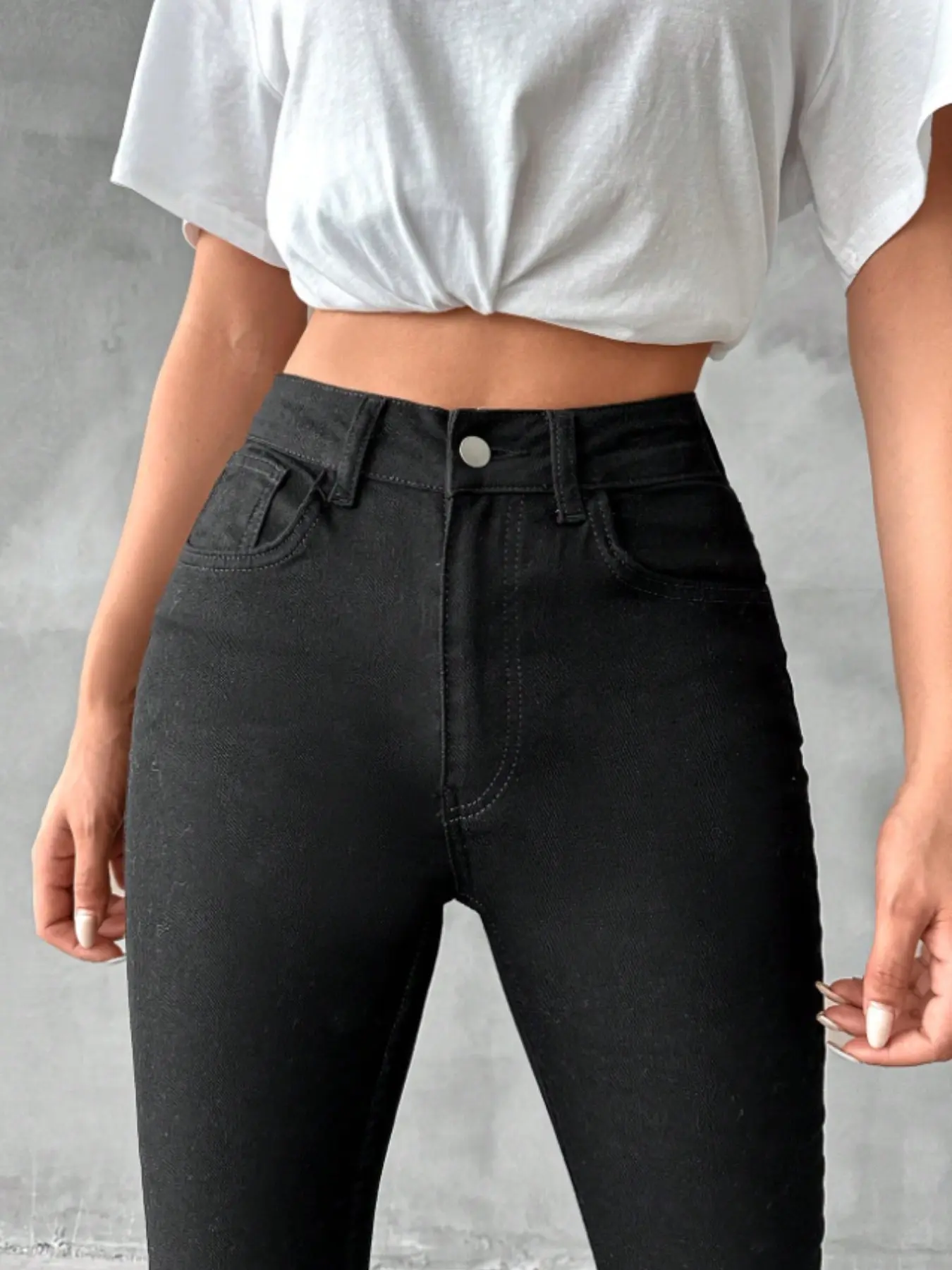 Women's High Waist PU Denim Jeans, Elastic Coated Button Fly Design, Comfortable & Stylish Jeans for Daily Wear