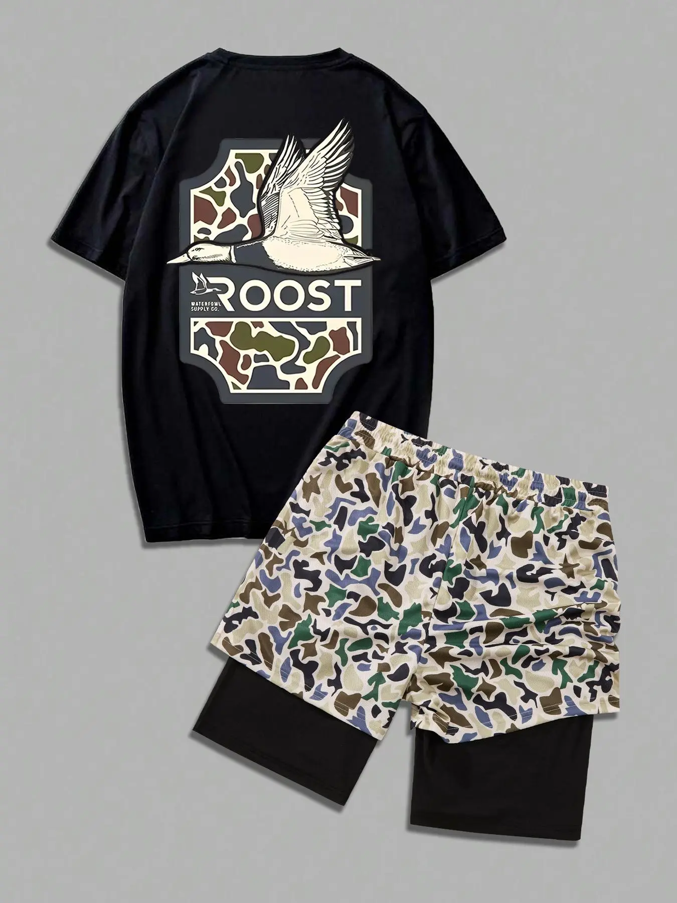 Two-Piece Set Outfit Men's Camo Print Graphic Short Sleeve Tee & Camo Print Shorts Set, Regular Fit Casual Round Neck T-shirt & Shorts, Men's Summer Clothes Camouflage