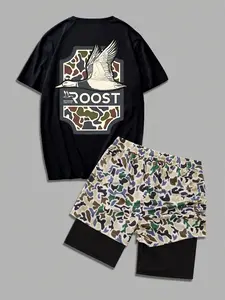 Two-Piece Set Men's Camo Print Short Sleeve Tee & Camo Print Shorts Set, Regular Fit Casual Round Neck T-shirt & Shorts, Men's Summer Clothes