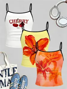 3-Piece Girls' Tropical Floral Cherry Print Tank Set, Ruched Fitted Style, Thin Straps Vest, Spaghetti Strap, Beach & Daily Wear, Summer Casual Sleeveless Top, Lightweight