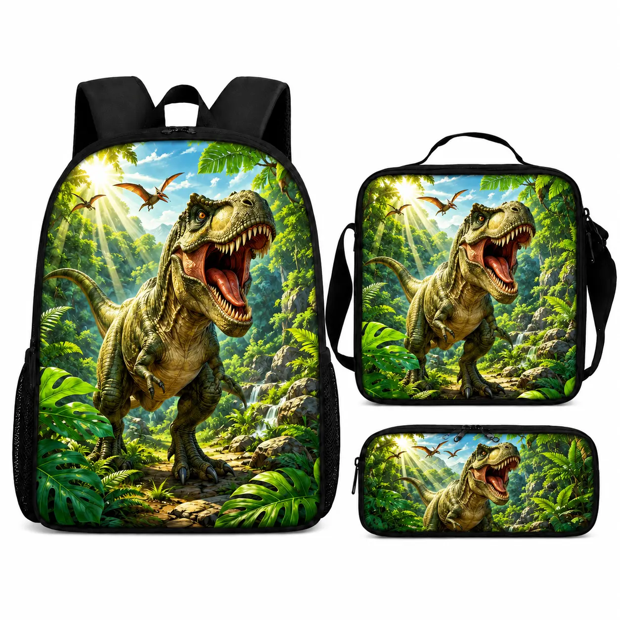3PCS Backpack Set, Realistic Dinosaur Jungle Print School Backpack with Lunch Bag and Pencil Case, T-Rex Graphic Large Capacity Oxford Cloth Bookbag, Lightweight Travel Bag with Adjustable Shoulder Straps, Back to School Gift for Boys Girls