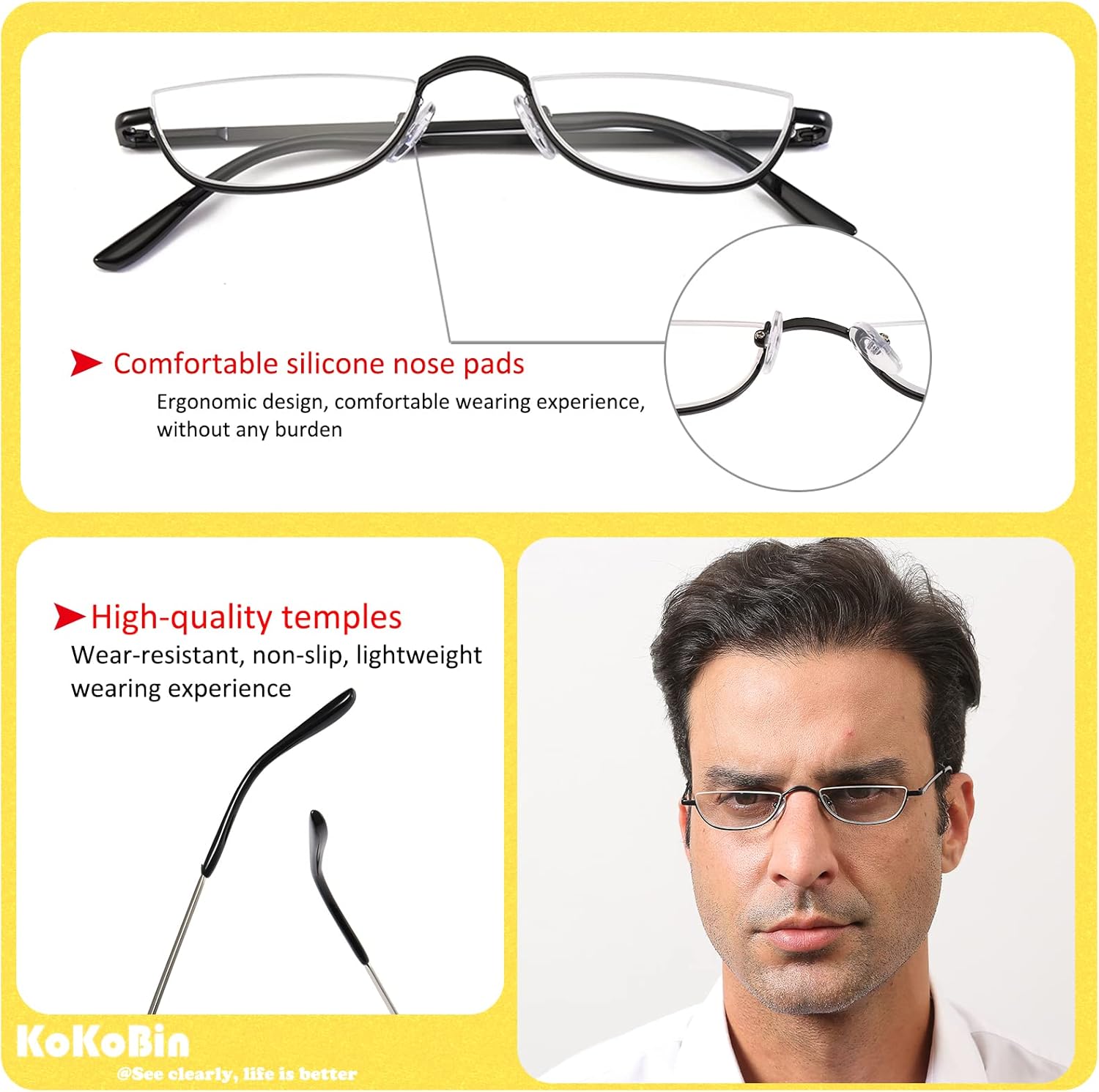 Half Reading Glasses - 2 Pairs Half Rim Metal Frame Glasses Spring Hinge Readers for Men and Women