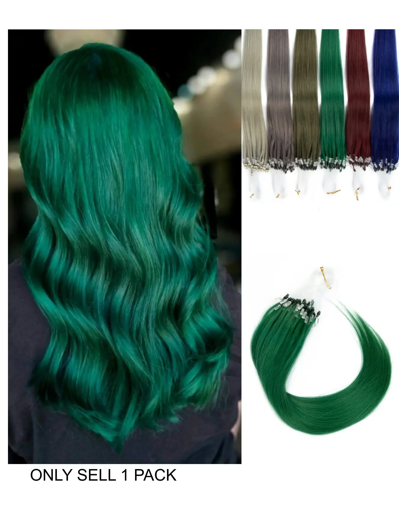 Green Micro Link Human Hair Extensions for Women, Quickly add hair volume and lengthen hair; the beads hold firmly without slipping all day long to maintain long-lasting hairstyles. Ideal for daily commuting, parties, cosplay events and stage shooting.