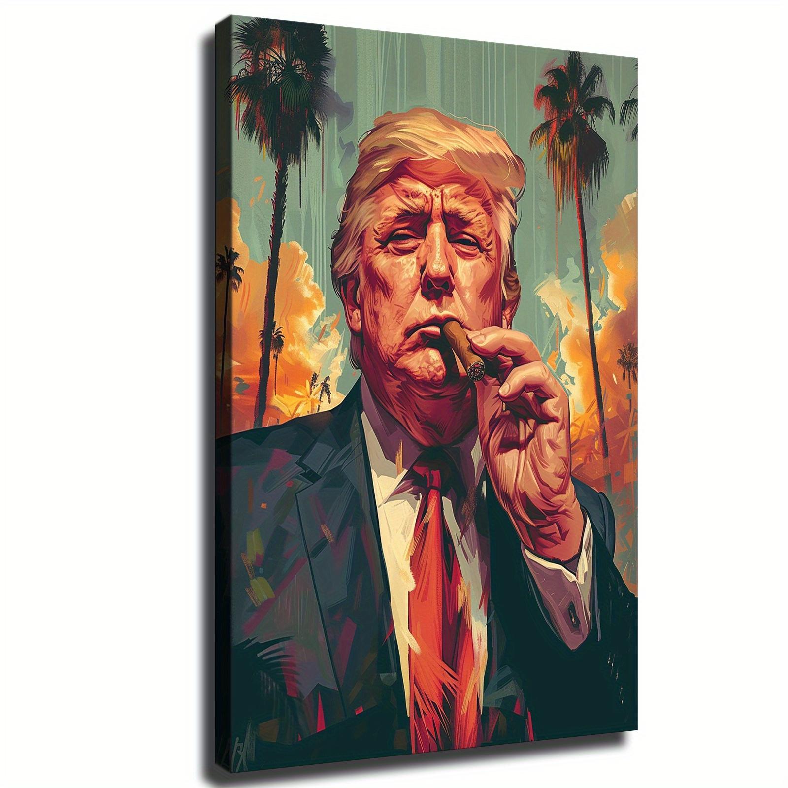 Wooden Frame Canvas Wall Art, Donald Trump Cigar Portrait, Ready to Hang, Home Decor, Office, Cafe Decoration, Gift Idea - Mixed Color Wood