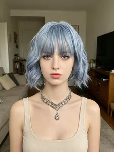Mist Blue Gradient Short Curly Wig, Lightweight Airy Bangs, Natural Volume, Perfect for Daily Wear, Cosplay, Parties, Holidays