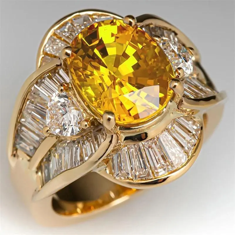 Huitan Gorgeous Oval Yellow Cubic Zirconia Rings for Women Elegant Lady’s Wedding Anniversary Party Flower Rings Fashion Jewelry